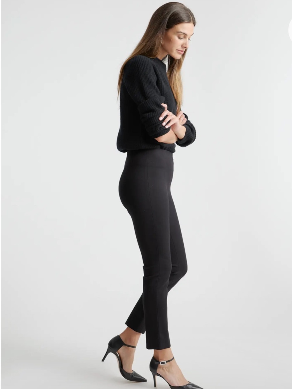 Quince Black High-Waist Slim Ankle Ponte Pants